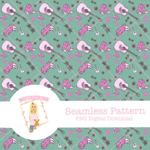 Teal Cowgirl Seamless Pattern, Guitar Cowboy Boots Seamless File, Cowgirl Guitar Seamless Digital Pattern, Girl Western Seamless Pattern.