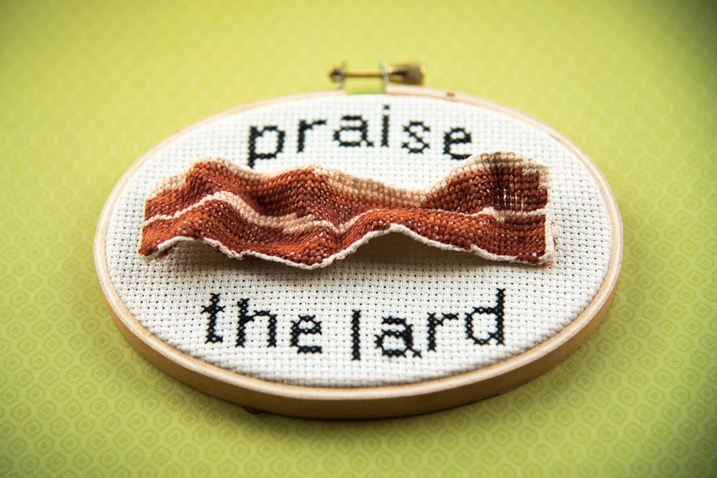 Praise the lard cross stitch pattern PDF. Keto gift DIY. Food cross stitch digital pattern. Funny cross stitch pattern. Bacon hoop art. image 1