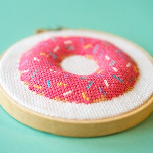 Pink donut cross stitch pattern. Cross stitch donut instant download PDF. Rainbow sprinkle donut cross stitch pattern. Donut decor hoop art