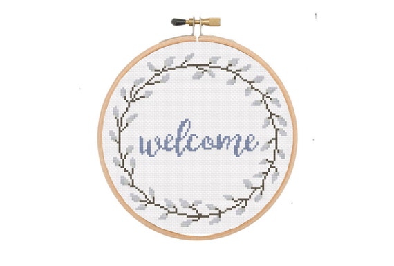 Welcome cross stitch pattern with pussy willow wreath. Modern cross stitch pattern PDF. Pussy willow home decor hoop art. DIY welcome sign