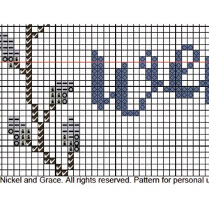 May include: Cross-stitch pattern chart with the word "Love" in blue, set against a grid. The design includes floral or leaf-like elements. The text "&copy; 2017 Nickel and Grace. All rights reserved. Pattern for personal use only." is at the bottom.