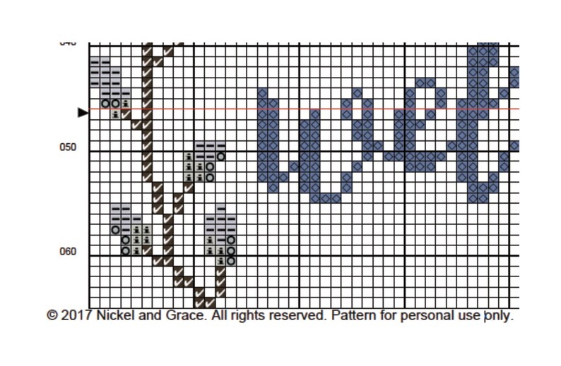May include: Cross-stitch pattern chart with the word "Love" in blue, set against a grid. The design includes floral or leaf-like elements. The text "&copy; 2017 Nickel and Grace. All rights reserved. Pattern for personal use only." is at the bottom.