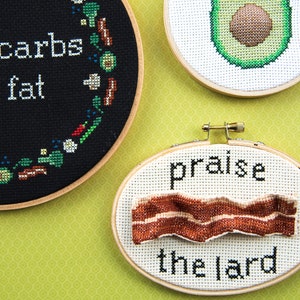 Praise the lard cross stitch pattern PDF. Keto gift DIY. Food cross stitch digital pattern. Funny cross stitch pattern. Bacon hoop art. image 3