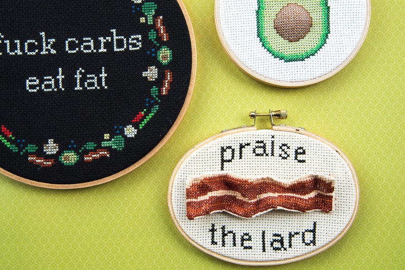 Praise the lard cross stitch pattern PDF. Keto gift DIY. Food cross stitch digital pattern. Funny cross stitch pattern. Bacon hoop art. image 3