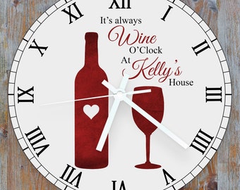 Wine O'Clock Personalised wall glass Clock - Birthday Fun Drink Vintage style - Birthday Fun Drink Vintage style
