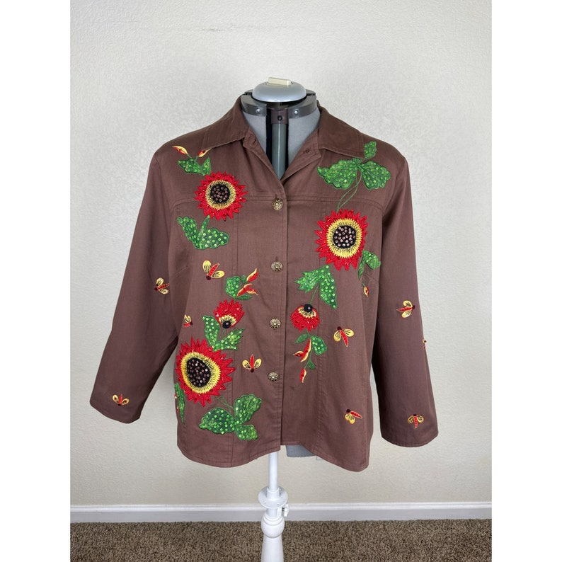 Tapestry Patch Jacket Dames XL Vintage jaren 90 Bloemen Zonnebloem Bijen Geborduurd afbeelding 2