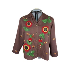 Tapestry Patch Jacket Dames XL Vintage jaren 90 Bloemen Zonnebloem Bijen Geborduurd afbeelding 1