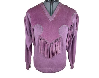 Cameo Rose Sweater Dames Medium Large Vtg 80s Lederen Fringe Western Cowgirl
