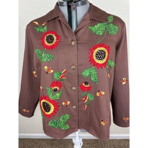 Tapestry Patch Jacket Dames XL Vintage jaren 90 Bloemen Zonnebloem Bijen Geborduurd afbeelding 3