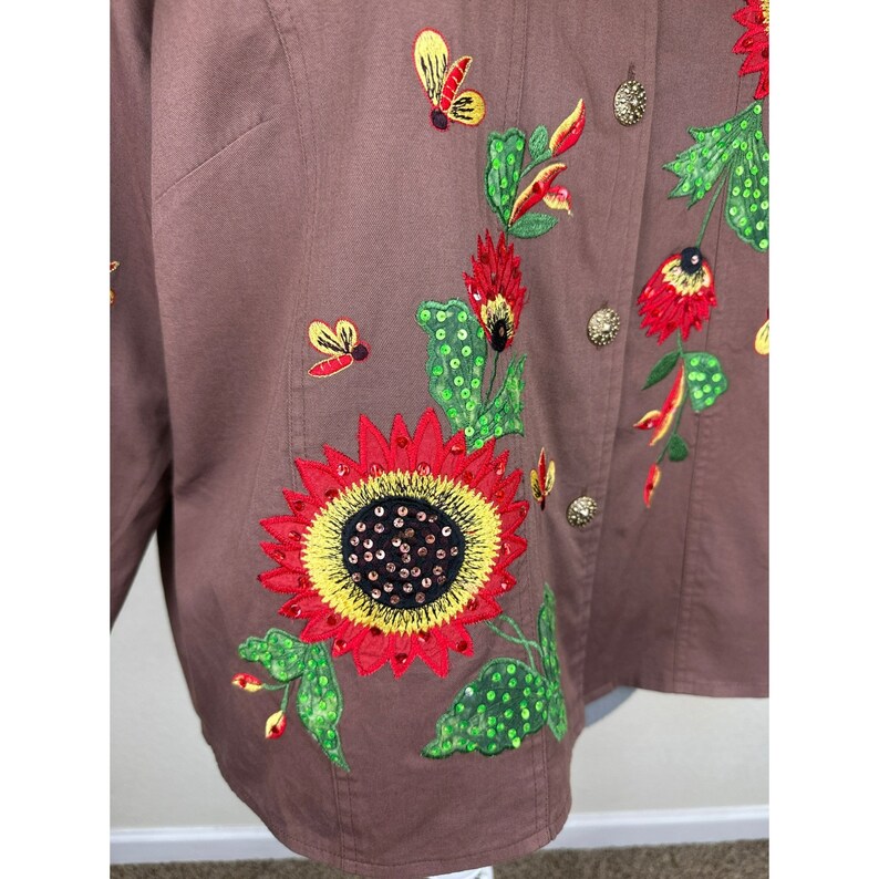 Tapestry Patch Jacket Dames XL Vintage jaren 90 Bloemen Zonnebloem Bijen Geborduurd afbeelding 6