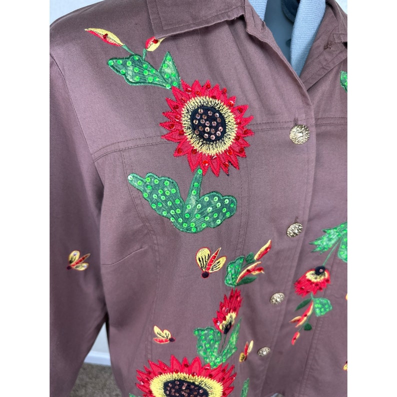Tapestry Patch Jacket Dames XL Vintage jaren 90 Bloemen Zonnebloem Bijen Geborduurd afbeelding 5