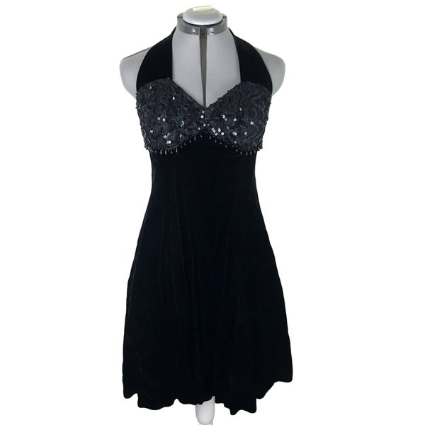 80’s Black Hand Beaded Sequin Halter Maxi Dress