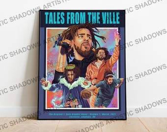 Puede incluir: Un póster enmarcado con el texto "TALES FROM THE VILLE" en color turquesa. La obra de arte presenta un collage de figuras, con un retrato central y otras figuras en varias poses. El póster incluye texto en la parte inferior.