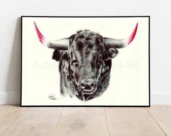 Black Bull Illustration: Wall Decor, Animal Wall Art, Bull Poster, Cattle, Angus, Cow, Bull Drawing, Farmhouse-Signed Giclée Print