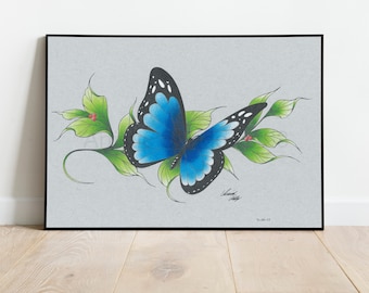 Blue Morpho Butterfly: Wall decor. Signed illustration giclée print-11'x14' (Brei Butterfly)