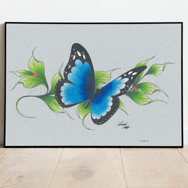 Blue Morpho Butterfly: Wall decor. Signed illustration giclée print-11'x14' (Brei Butterfly)