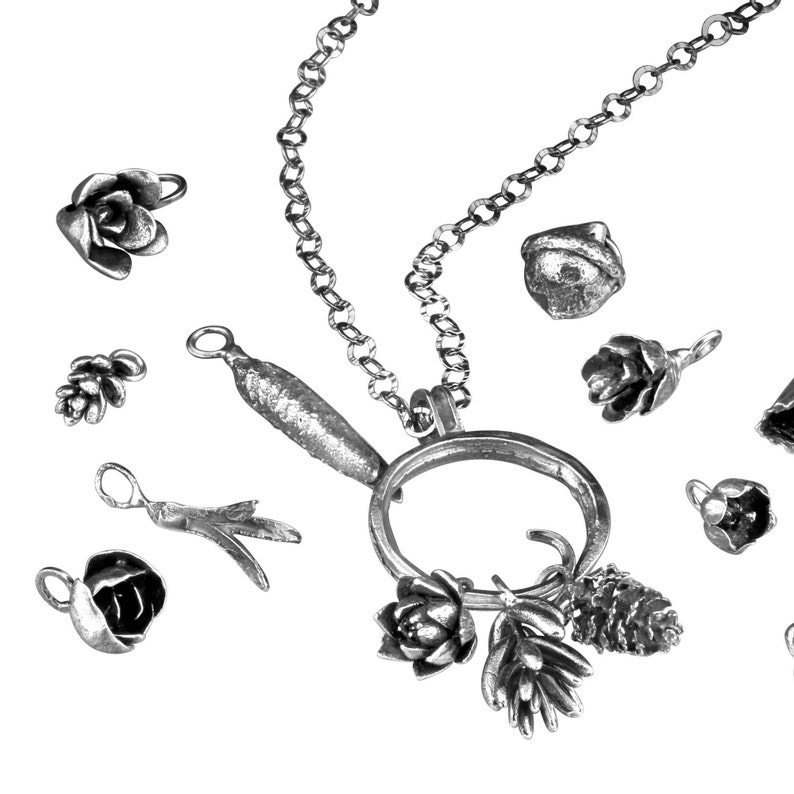 Sterling Silver Hoop Charm Necklace with Succulent and Alder Cone Charms