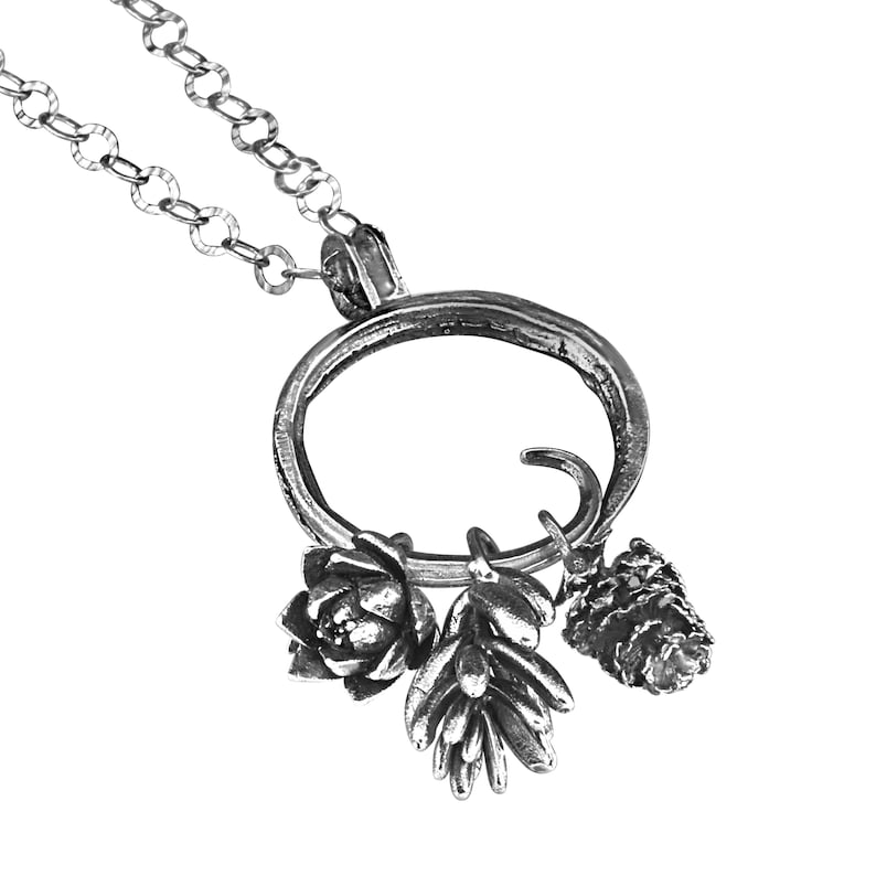 Sterling Silver Hoop Charm Necklace with Succulent and Alder Cone Charms