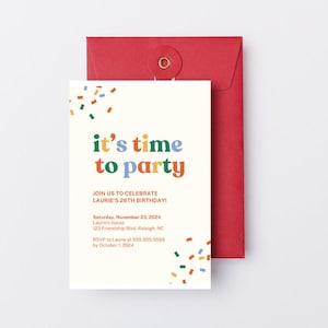 Verjaardagsuitnodiging kleurrijke confetti hagelslag leuk jeugdig helder 1e 2e 3e afdrukbare bewerkbare uitnodiging partijsjabloon Canva Evite