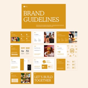 Op de afbeelding: Een presentatie op een mosterdgele achtergrond met de witte tekst "BRAND GUIDELINES". De presentatie bevat dia's over kernwaarden, missie, merkpersoonlijkheid en logo gebruik. Het merk is "Bob's Burgers".
