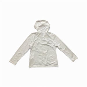 May include: A white long-sleeved hoodie, viewed from the back, with a hood and a relaxed fit. The garment is made of a soft, lightweight material, perfect for layering or casual wear. The sleeves are long and extend to the wrists.