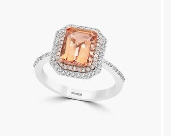 Effy Morganite and Diamond Two-Tone 14k Emerald Cut Double Halo Ring