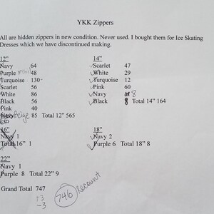 K&ouml;nnte beinhalten: Eine handgeschriebene Inventarliste von YKK-Rei&szlig;verschl&uuml;ssen in verschiedenen Farben und Gr&ouml;&szlig;en. Die Liste enth&auml;lt die folgenden Gr&ouml;&szlig;en: 12 Zoll, 14 Zoll, 16 Zoll, 18 Zoll und 22 Zoll. Die Liste enth&auml;lt auch die folgenden Farben: Marine, Lila, T&uuml;rkis, Scharlachrot, Wei&szlig;, Schwarz und Rosa. Die Gesamtzahl der Rei&szlig;verschl&uuml;sse betr&auml;gt 747.