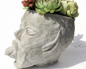 Bad Fairy - XL Head Planter - Handmade Unique Concrete Grey Head Plant Pot - Drainage Hole Option - Succulent Terrarium Garden