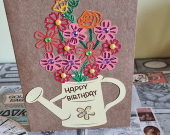 Happy Birthday Card / Watering Can With Flowers Card / Handmade Card / Birthday Card