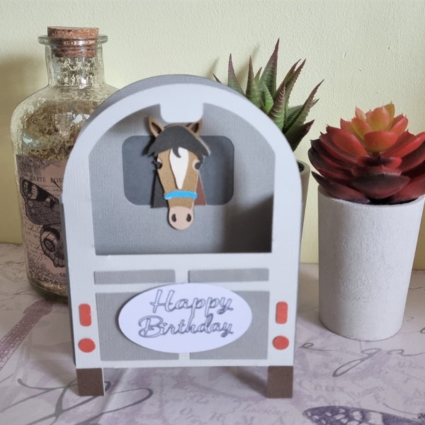 Horse Happy Birthday Card / Horse in Trailer Birthday Card / Horse Birthday / Handmade Birthday Card / Horse Birthday Card