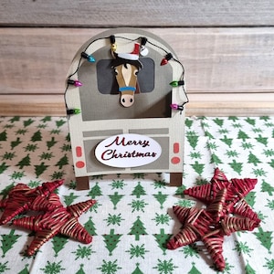 Vrolijke kerstkaart paard / kerstkaart paard in trailer / kerstmis paard / handgemaakte kerstkaart / kerstkaart paard