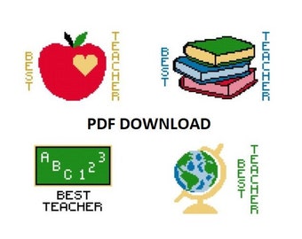 Op de afbeelding: Vier verschillende ontwerpen voor een 'Beste Leraar'-cadeau. De ontwerpen omvatten een rode appel met een hart, een stapel boeken, een schoolbord met ABC en cijfers, en een aardbol. Elk ontwerp heeft de woorden 'Beste Leraar' verticaal ernaast geschreven.