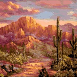 Può includere: Un dipinto di un paesaggio desertico con alti cactus in primo piano e una catena montuosa sullo sfondo. Il cielo è di un arancione e rosa vibrante, che suggerisce un tramonto.