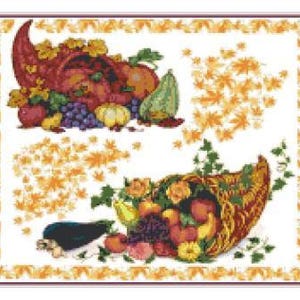 May include: Two cornucopias overflowing with autumn harvest fruits and vegetables. The cornucopias are filled with grapes, apples, pears, gourds, and other autumn produce. The cornucopias are surrounded by a border of autumn leaves.