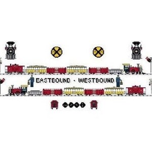 May include: A cross-stitch design featuring two model trains, one labeled "Eastbound" and the other "Westbound." The trains are red and yellow, with black locomotives and cars. Railroad crossing signs and signals are also included.