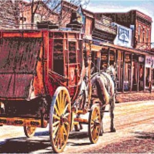 May include: An image of a vintage stagecoach with large yellow wheels, pulled by a horse, parked on a dusty street. The stagecoach is painted in shades of red and brown, with a wooden frame. The background shows a western town with wooden buildings.
