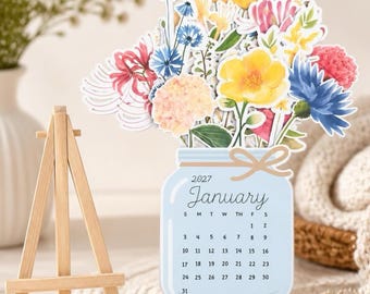 2027 Floral Flower Watercolor Flower Desk Calendar with Wooden Stand
