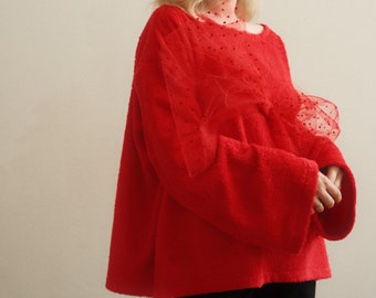 Oversized Red Terry Sweater With Big Bow Tie, Terry Cloth Sweater, Aesthetic Sweatshirt, Trendy Oversized Pullover, 90s Unisex Terry Sweater