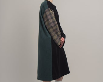 Oversized Everyday Dress, Pullover Maternity Dress, Color Block, Plaid Colored Pattern, Midi Dress, Long Sleeve, Plaid, Black & Green