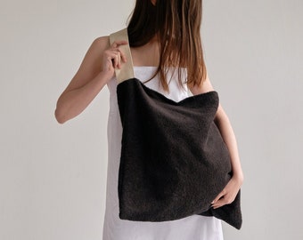 Large Plush Black Tote Bag, Big Beach Bag, Black Plush Tote Bag, Tote Travel Bag, Yoga Fitness Shoulder Bag, Große Schwarze Tragetasche