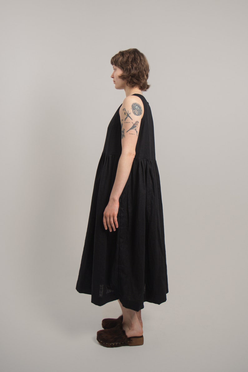 Black Linen Cotton Dress by BOSAKA Berlin, Linen light Summer Dress, Midi Sleeveless Dress, Black Dress, Short Dress, Cocktail Party Dress image 3