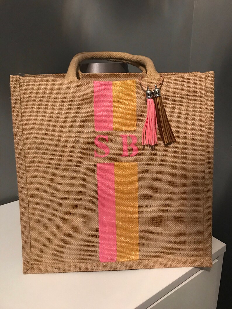Personalised medium jute bag new design beach bag school bag everyday bag any colours up to 4 initials
