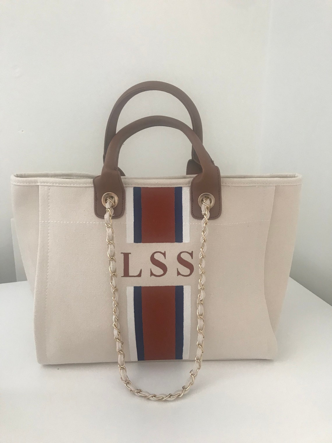 Personalised canvas bag chain and leather straps Etsy