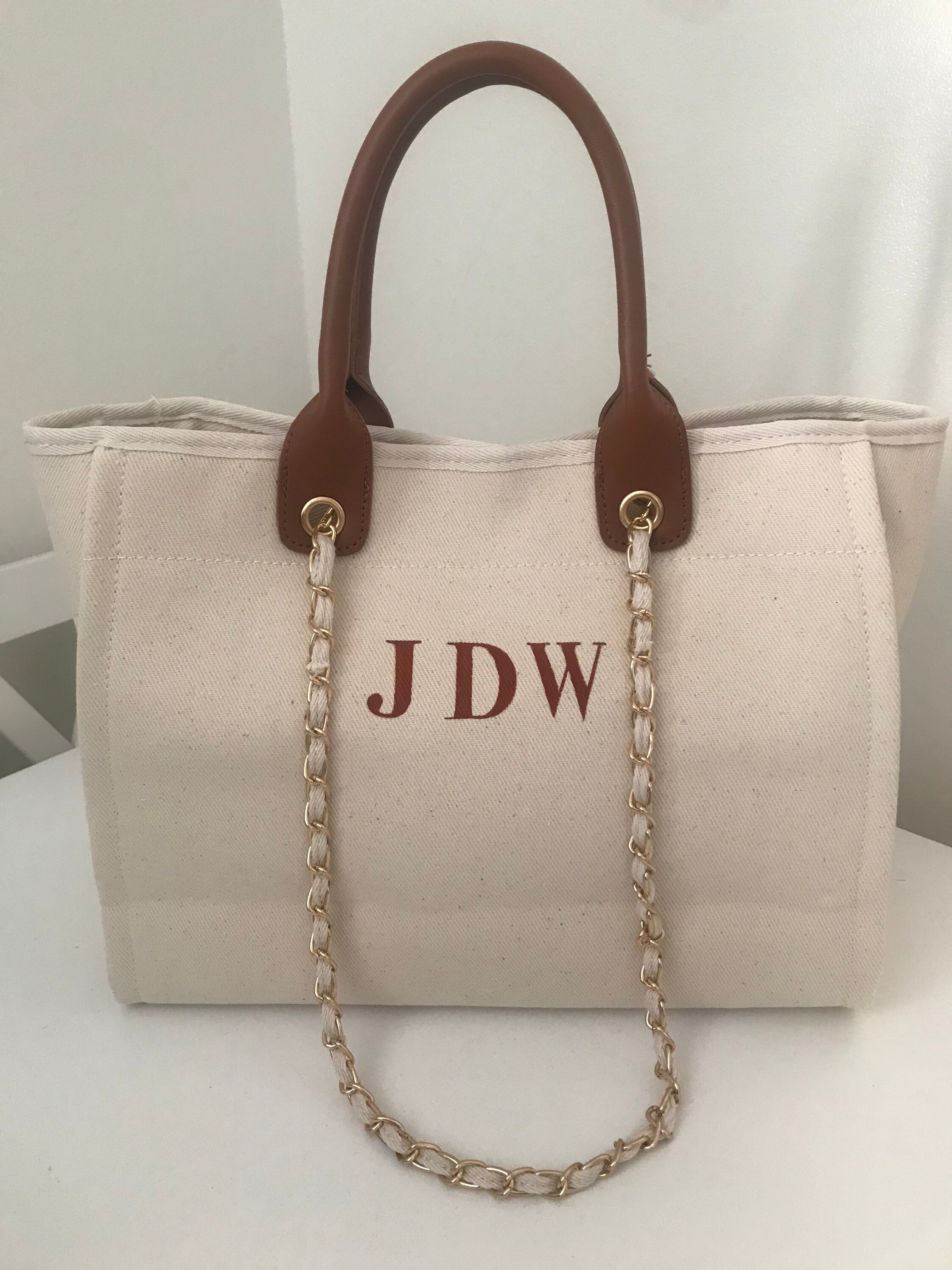 Personalised canvas bag chain and leather straps Etsy