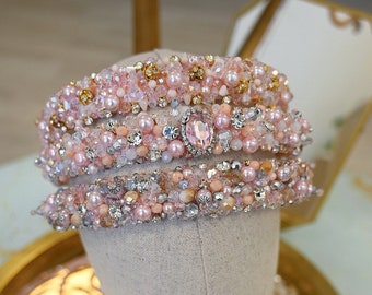 Rose gold crystal tiara headband for dusty rose wedding. Blush pink  bridal hair piece. Beaded wedding crown.