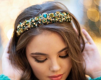 Emerald tiara Beaded headband for women Gold crystal headband Jewelled headband Gold green crystal tiara