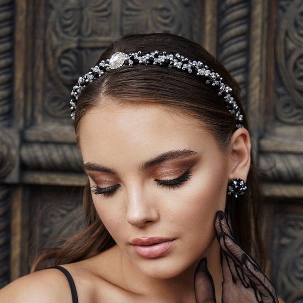Black bridal tiara, elegant gothic crown, formal headband. Art deco headpiece.