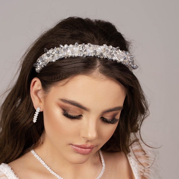 White silver bridal hair piece, Crystal headband. Crystal Tiara . Prom crown, wedding headband.