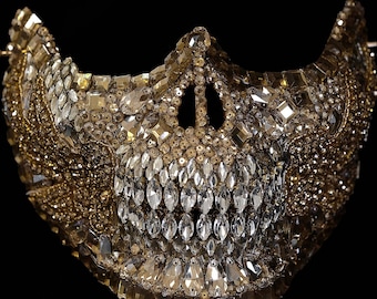 Gold scull mask,rhinestone cosplay mask. Skeleton costume. Burning man rave festival outfit.