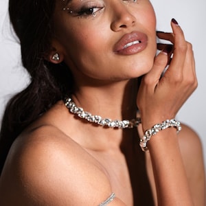 Silver Rhinestone Bridal Choker Bracelet Set